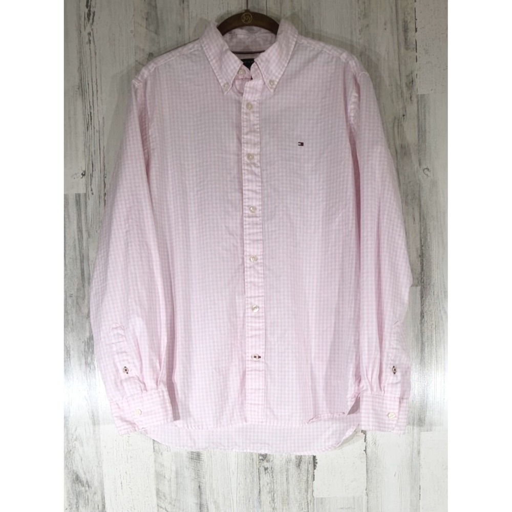 Tommy Hilfiger Mens Button Down Shirt Sz‎ Medium Pastel Pink Gingham Regular Fit